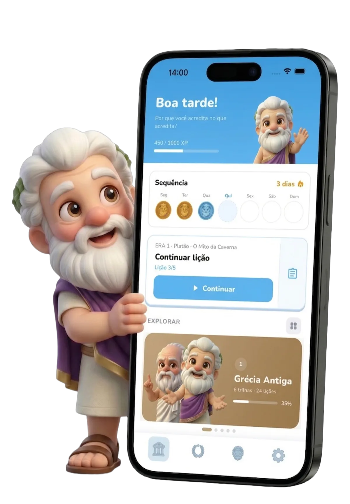 Platão mostrando o app Philoo no celular