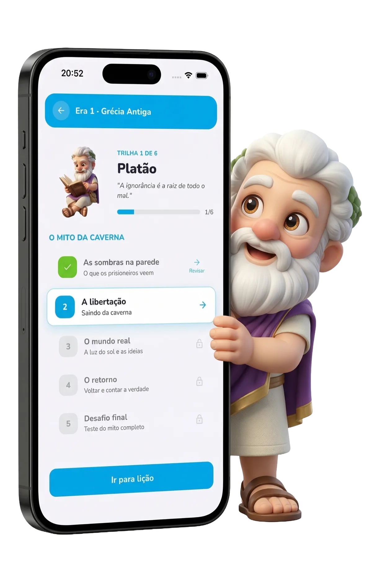 Platão ensinando filosofia no app